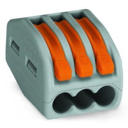 Connecteur WAGO 3 voies - Vue complète avec levier orange.
