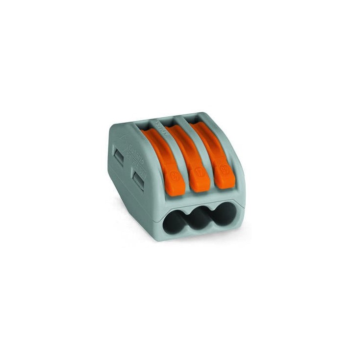 Connecteur WAGO 3 voies - Vue complète avec levier orange.