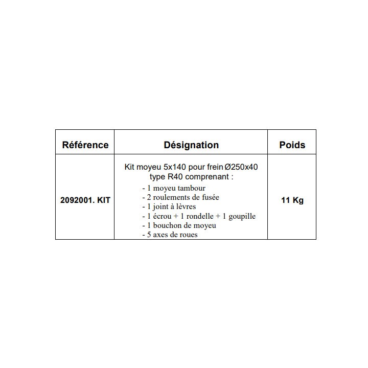 KIT MOYEU 5x140 POUR FREIN Ø250x40 TYPE R40 - Marquage et référence Paillard : 2092001.KIT.