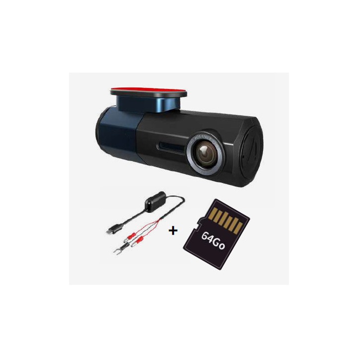 Dashcam Full HD 1080P + câble 12-24V + Carte SD 64 Go - WiFi et G-sensor